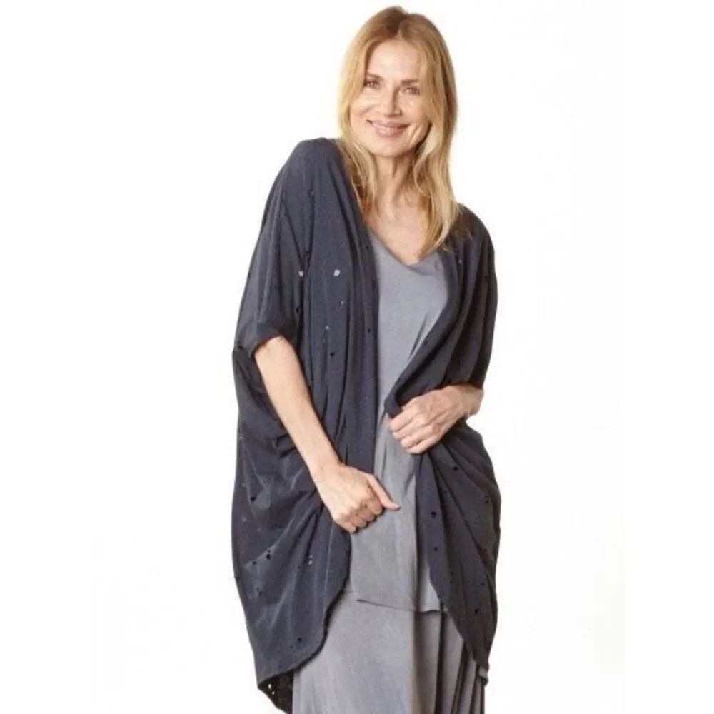 NEW Bryn Walker Annette Cardigan Blue Organic Cotton Distressed Size S Boho/Chic